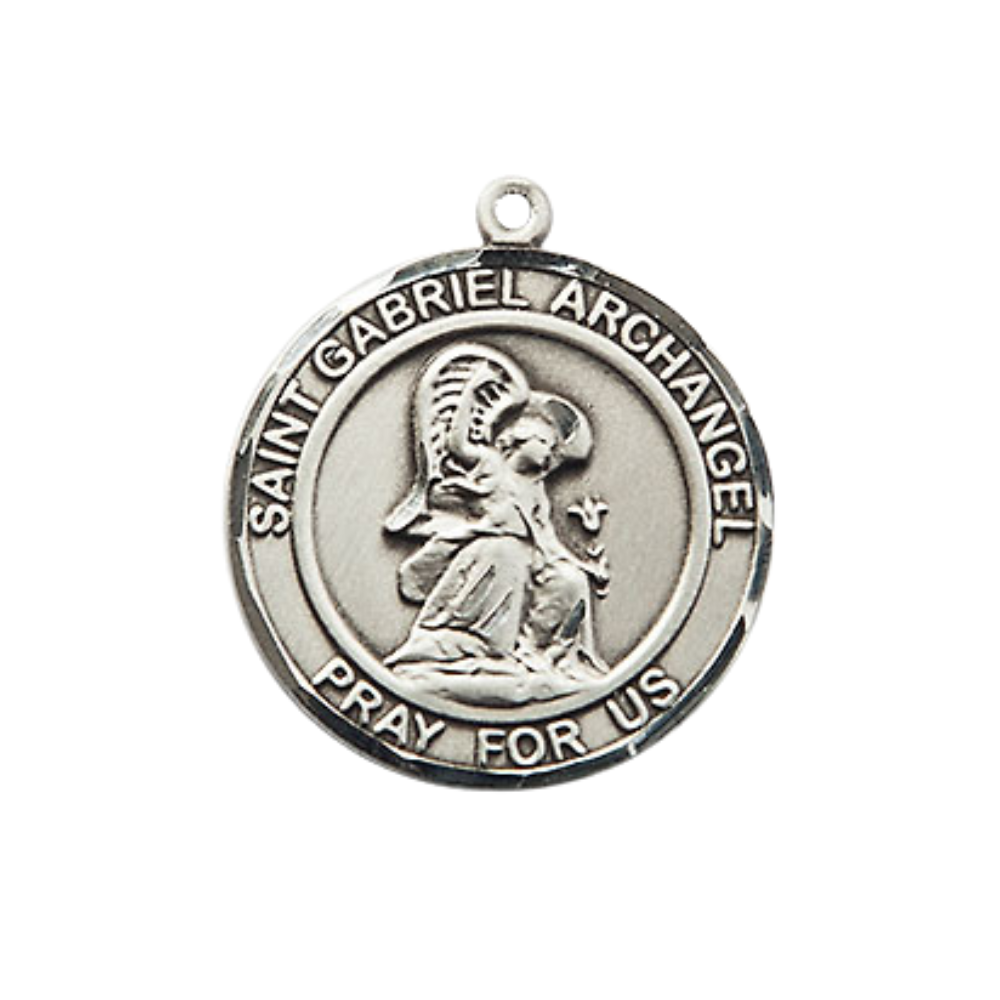 Medium Women's Pewter Saint Gabriel the Archangel Medal Pendant on 18 Inch Rhodium Plated Lite Curb Brass Chain w/ Lobster Claw clasp, Catholic Religious Necklace - Made in USA - Deluxe Velvet Gift Box