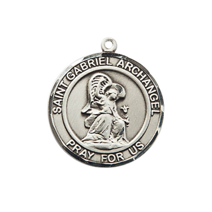 Medium Women's Pewter Saint Gabriel the Archangel Medal Pendant on 18 Inch Rhodium Plated Lite Curb Brass Chain w/ Lobster Claw clasp, Catholic Religious Necklace - Made in USA - Deluxe Velvet Gift Box