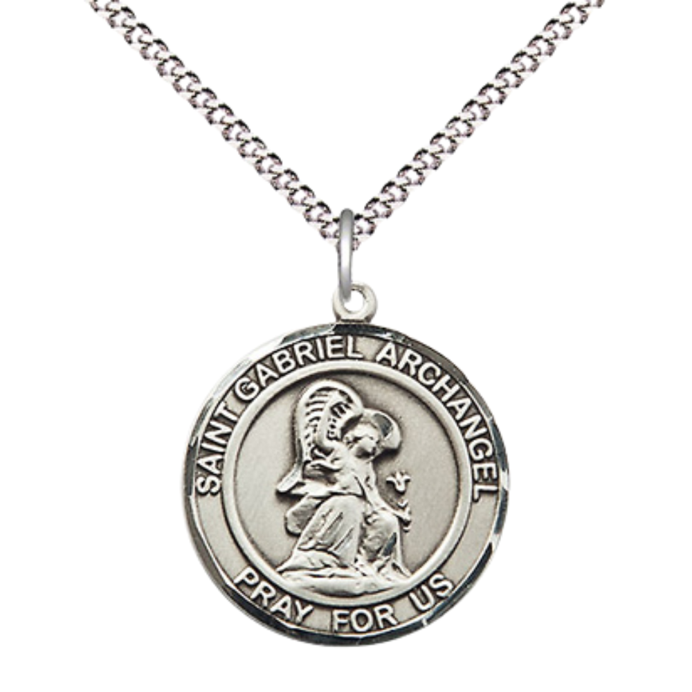 Medium Women's .925 Sterling Silver Saint St. Gabriel the Archangel Pendant Necklace on 18 Inch Rhodium- Plated Lite Curb Brass Chain with Lobster Claw Clasp, Catholic Medal - Patron Saint. of Messengers – Velvet Gift Box