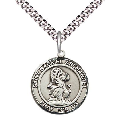 Medium Mens Round Sterling Silver St Gabriel the Archangel Medal Pendant on 24" Rhodium Plated Heavy Curb Brass Chain w/ Lobster Claw Clasp,Catholic Religious Necklace -Made in USA-Gift Boxed