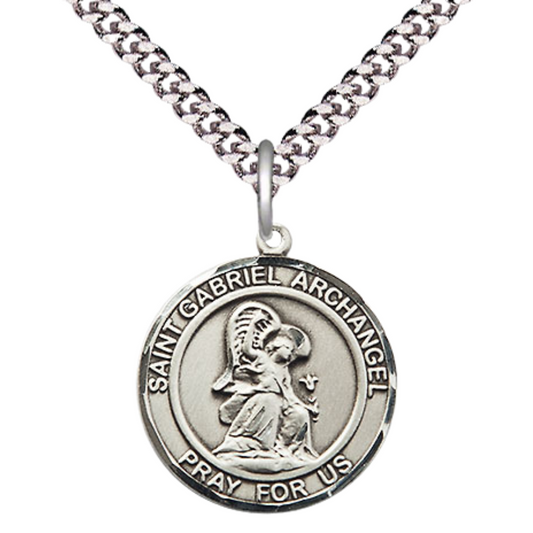 Medium Men's .925 Sterling Silver Saint St. Gabriel the Archangel Medal Pendant on 24 Inch Endless Rhodium Plated Heavy Curb Brass Chain, Catholic Religious Necklace - Made in USA- Deluxe Velvet Gift Box