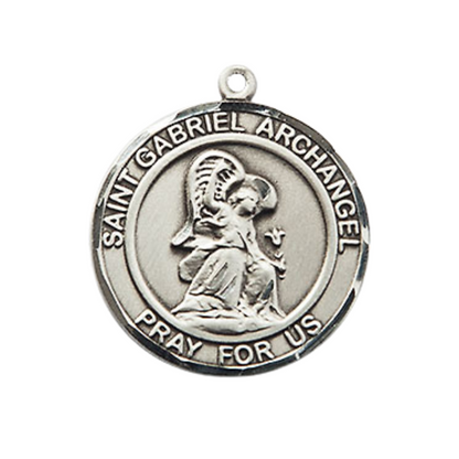 Medium Men's Pewter Saint St. Gabriel the Archangel Medal Pendant on 24 Inch Endless Rhodium Plated Heavy Curb Brass Chain, Catholic Religious Necklace - Made in USA- Deluxe Velvet Gift Box