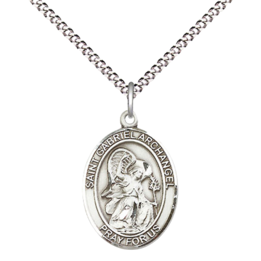 Women's Pewter Saint St. Gabriel the Archangel Pendant Necklace on 18- inch Rhodium- Plated Lite Curb Brass Chain – Patron Saint St. of Messengers – ¾ x ½ Medal, Catholic Medal – Velvet Gift Box Included