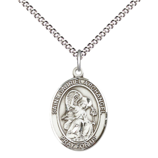 Women's Pewter Saint St. Gabriel the Archangel Pendant Necklace on 18- inch Rhodium- Plated Lite Curb Brass Chain – Patron Saint St. of Messengers – ¾ x ½ Medal, Catholic Medal – Velvet Gift Box Included