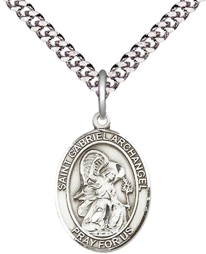 Medium Men's .925 Sterling Silver Saint St. Gabriel the Archangel Medal Pendant on 24 Inch Endless Rhodium Plated Heavy Curb Brass Chain, Catholic Religious Necklace - Made in USA- Deluxe Velvet Gift Box