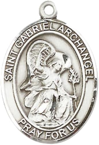 Mens Medium Oval Pewter Saint Gabriel the Archangel Medal Pendant on 24" Rhodium Plated Heavy Curb Brass Chain w/ Lobster Claw Clasp,Catholic Religious Necklace -Made in USA-Velvet Gift Box