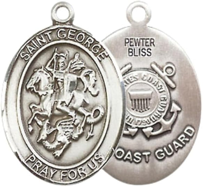 Medium Womens Oval Pewter Saint St. George Coast Guard Medal Pendant with Rhodium Plated Lite Curb Brass Chain with Lobster Claw Clasp, Catholic Religious Necklace - Made in USA- Velvet Gift Box