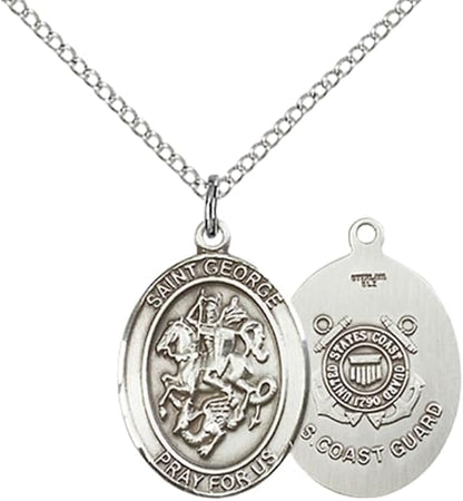 Medium Womens Oval Pewter Saint St. George Coast Guard Medal Pendant with Rhodium Plated Lite Curb Brass Chain with Lobster Claw Clasp, Catholic Religious Necklace - Made in USA- Velvet Gift Box