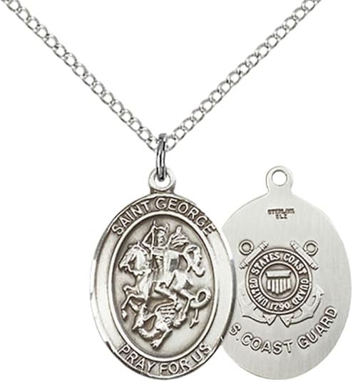 Medium Womens Oval Pewter Saint St. George Coast Guard Medal Pendant with Rhodium Plated Lite Curb Brass Chain with Lobster Claw Clasp, Catholic Religious Necklace - Made in USA- Velvet Gift Box