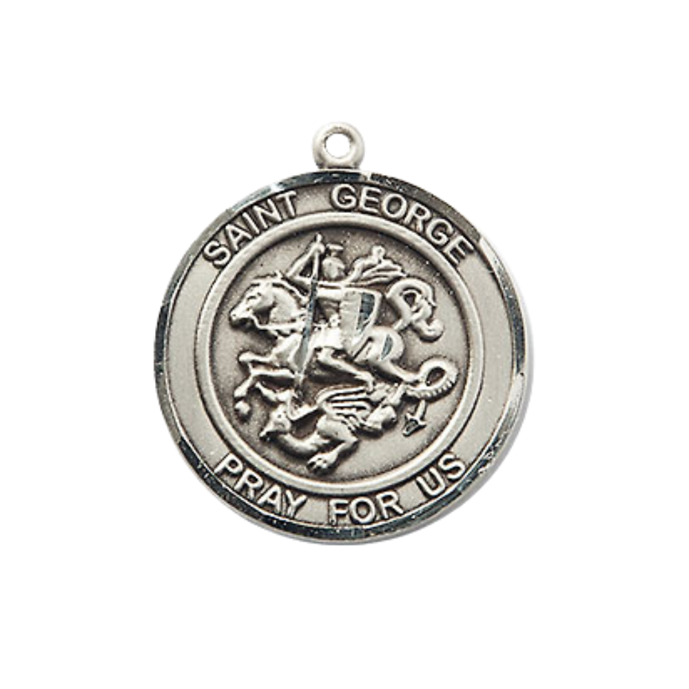 Women's Pewter Saint St. George Medium Medal Pendant on 18 Inch Rhodium Plated Lite Curb Brass Chain with Lobster Claw Clasp, Catholic Religious Necklace - Made in USA- Deluxe Velvet Gift Box