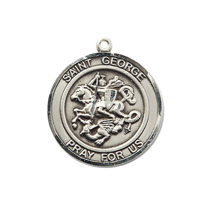 Women's Pewter Saint St. George Medium Medal Pendant on 18 Inch Rhodium Plated Lite Curb Brass Chain with Lobster Claw Clasp, Catholic Religious Necklace - Made in USA- Deluxe Velvet Gift Box