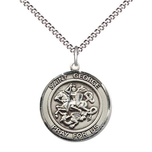 Medium Women's .925 Sterling Silver Saint St. George Pendant Necklace on 18 Inch Rhodium- Plated Lite Curb Brass Chain with Lobster Claw Clasp, Catholic Medal - Patron Saint. of Young Man Scouts & Soldiers – Velvet Gift Box