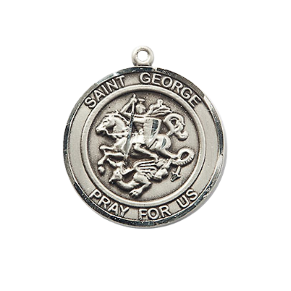 Men's .925 Sterling Silver Saint St. George Round Medium Medal Pendant on 24 Inch Endless Rhodium Plated Heavy Curb Brass Chain, Catholic Religious Necklace - Made in USA- Deluxe Velvet Gift Box