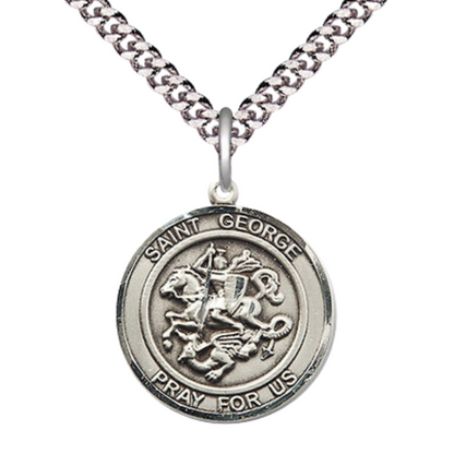 Men's Pewter Saint St. George Round Medium Medal Pendant on 24 Inch Endless Rhodium Plated Heavy Curb Brass Chain, Catholic Religious Necklace - Made in USA- Deluxe Velvet Gift Box