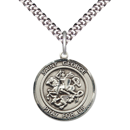 Mens Medium Oval .925 Sterling Silver Saint St. George Medal Pendant on 24 Inch Rhodium Plated Heavy Curb Brass Chain w/ Lobster Claw Clasp, Catholic Religious Necklace - Made in USA- Velvet Gift Box