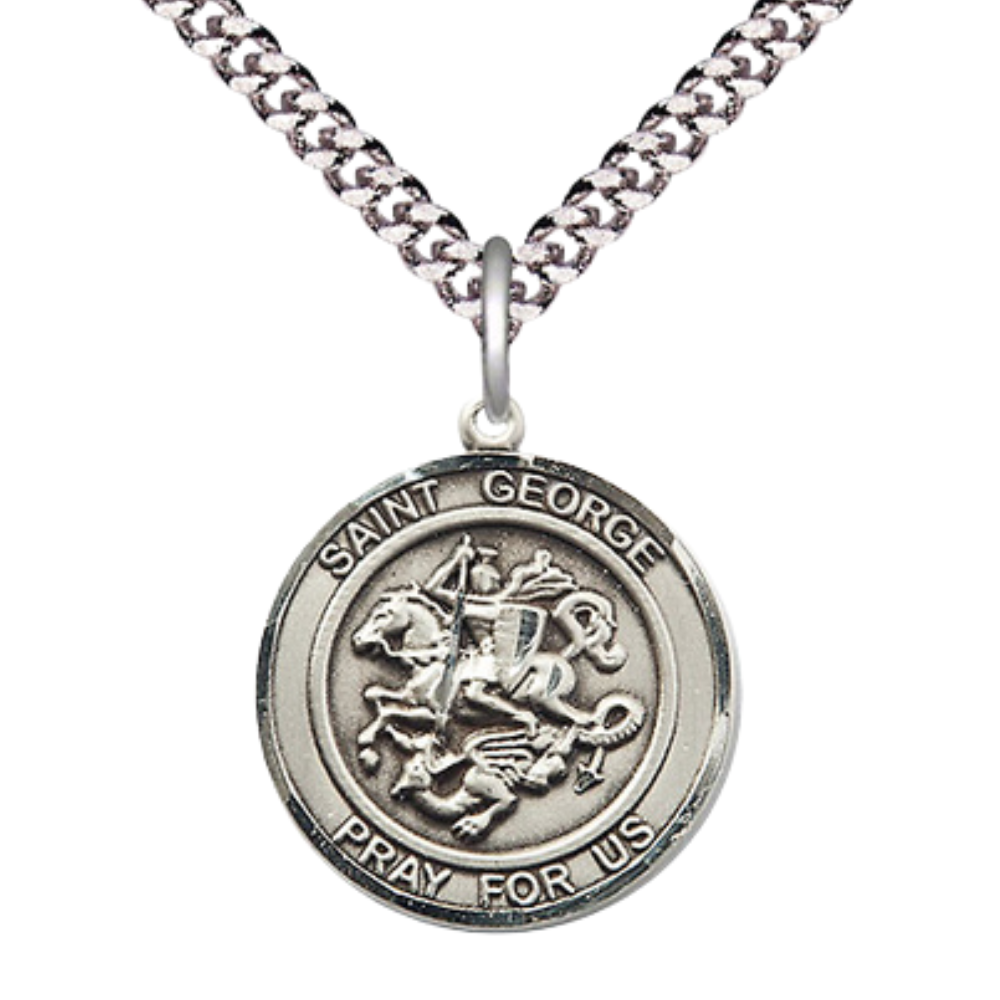 Men's .925 Sterling Silver Saint St. George Round Medium Medal Pendant on 24 Inch Endless Rhodium Plated Heavy Curb Brass Chain, Catholic Religious Necklace - Made in USA- Deluxe Velvet Gift Box