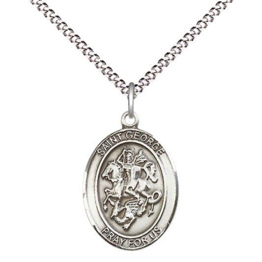 Women's Pewter Saint St. George Medium Medal Pendant on 18 Inch Rhodium Plated Lite Curb Brass Chain with Lobster Claw Clasp, Catholic Religious Necklace - Made in USA - Deluxe Velvet Gift Box