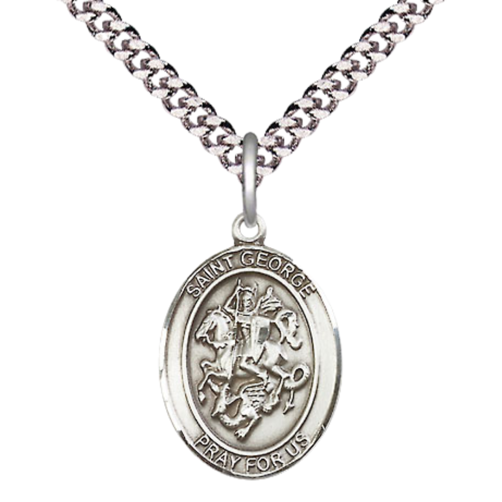 Men's Pewter Saint St. George Oval Medium Medal Pendant on 24 Inch Endless Rhodium Plated Heavy Curb Brass Chain, Catholic Religious Necklace - Made in USA- Deluxe Velvet Gift Box