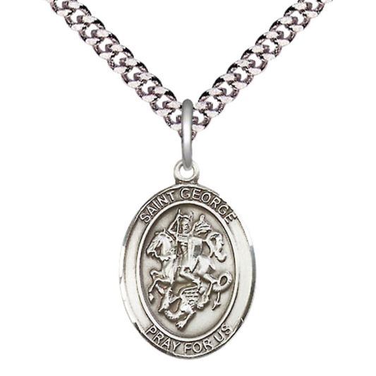 Men's .925 Sterling Silver Saint George Oval Medium Medal Pendant on 24 Inch Endless Rhodium Plated Heavy Curb Brass Chain, Catholic Religious Necklace -Made in USA- Deluxe Velvet Gift Box