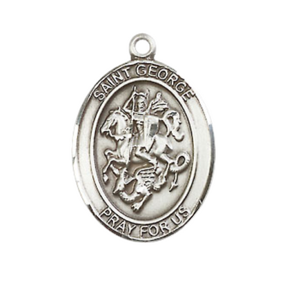 Men's .925 Sterling Silver Saint George Oval Medium Medal Pendant on 24 Inch Endless Rhodium Plated Heavy Curb Brass Chain, Catholic Religious Necklace -Made in USA- Deluxe Velvet Gift Box