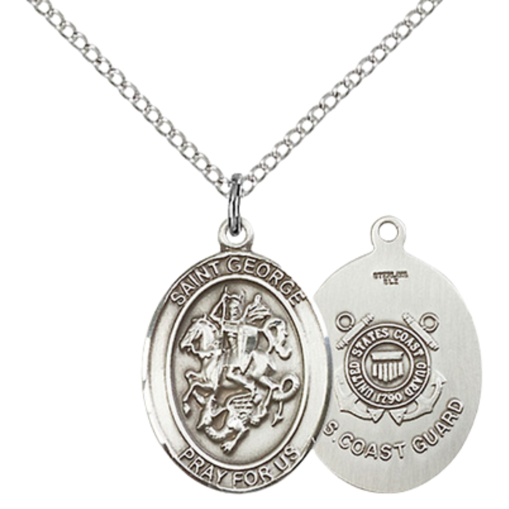 Medium Women's .925 Sterling Silver Saint St. George Coast Guard Medal Necklace– ¾" x ½" – 18 Inch Rhodium Plated Lite Curb Brass Chain with Lobster Claw Clasp – Patron of Boy Scouts & Soldiers, Catholic Medal – Velvet Gift Box
