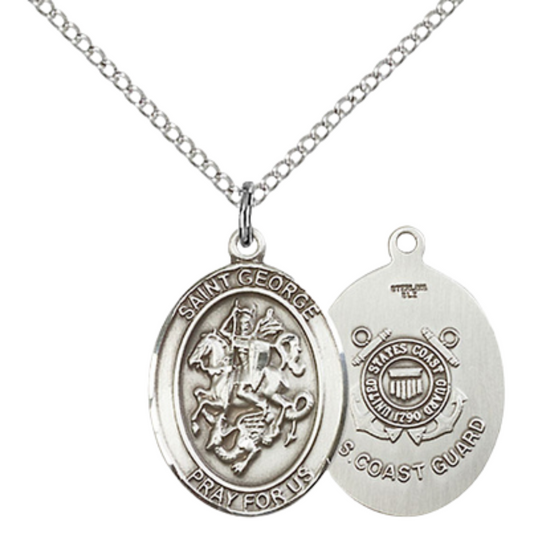 Medium Women's .925 Sterling Silver Saint St. George Coast Guard Medal Necklace– ¾" x ½" – 18 Inch Rhodium Plated Lite Curb Brass Chain with Lobster Claw Clasp – Patron of Boy Scouts & Soldiers, Catholic Medal – Velvet Gift Box