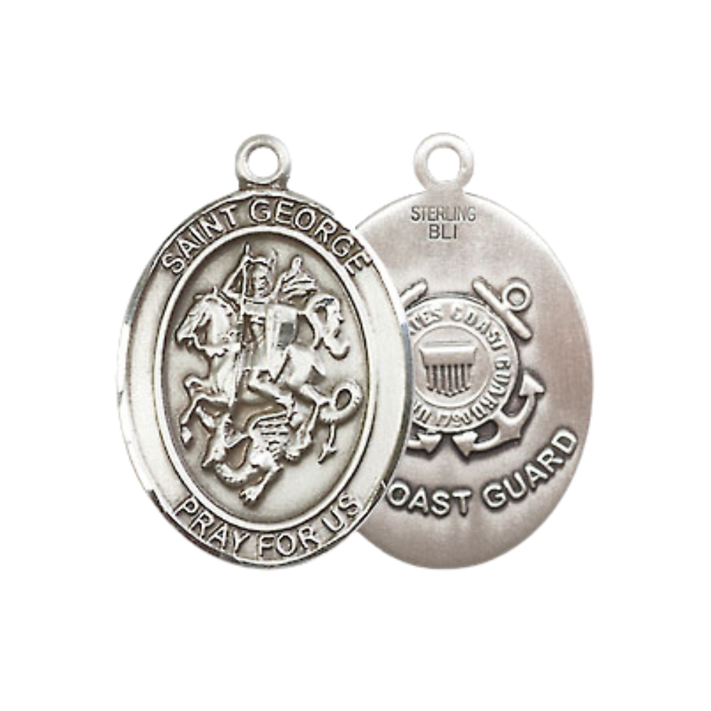 Medium Women's .925 Sterling Silver Saint St. George Coast Guard Medal Necklace– ¾" x ½" – 18 Inch Rhodium Plated Lite Curb Brass Chain with Lobster Claw Clasp – Patron of Boy Scouts & Soldiers, Catholic Medal – Velvet Gift Box