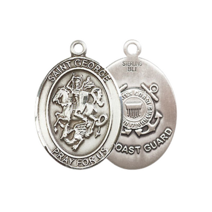 Medium Women's .925 Sterling Silver Saint St. George Coast Guard Medal Necklace– ¾" x ½" – 18 Inch Rhodium Plated Lite Curb Brass Chain with Lobster Claw Clasp – Patron of Boy Scouts & Soldiers, Catholic Medal – Velvet Gift Box