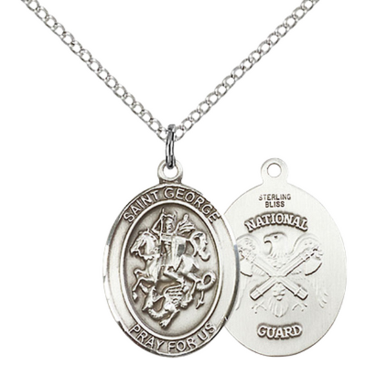 Medium Women's .925 Sterling Silver Saint St. George National Guard Medal Necklace – ¾" x ½" – 18 Inch Rhodium Plated Lite Curb Brass Chain with Lobster Claw Clasp – Patron of Boy Scouts & Soldiers, Catholic Medal – Velvet Gift Box