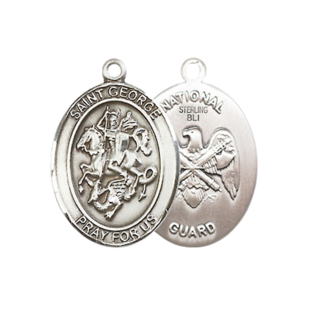 Medium Women's .925 Sterling Silver Saint St. George National Guard Medal Necklace – ¾" x ½" – 18 Inch Rhodium Plated Lite Curb Brass Chain with Lobster Claw Clasp – Patron of Boy Scouts & Soldiers, Catholic Medal – Velvet Gift Box
