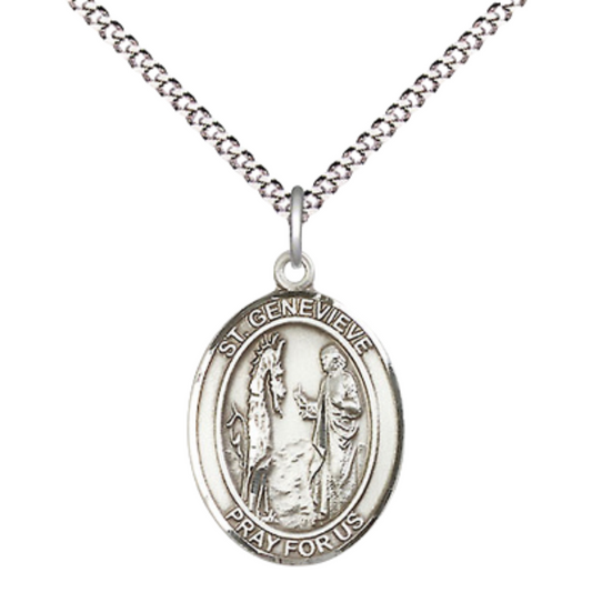 Everlasting Light Jewelry Medium Women's Sterling Silver Saint Genevieve Pendant Necklace on 18-Inch Rhodium Plated Lite Curb Brass Chain – Patron Saint of Women's Army Corps – Velvet Gift Box Included