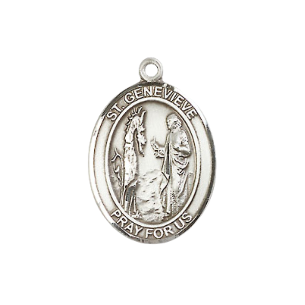 Everlasting Light Jewelry Medium Women's Pewter Saint St. Genevieve Pendant Necklace on 18- inch Rhodium- Plated Lite Curb Brass Chain – Patron Saint St. of Women's Army Corps – ¾ x ½ Medal, Catholic Medal – Velvet Gift Box Included