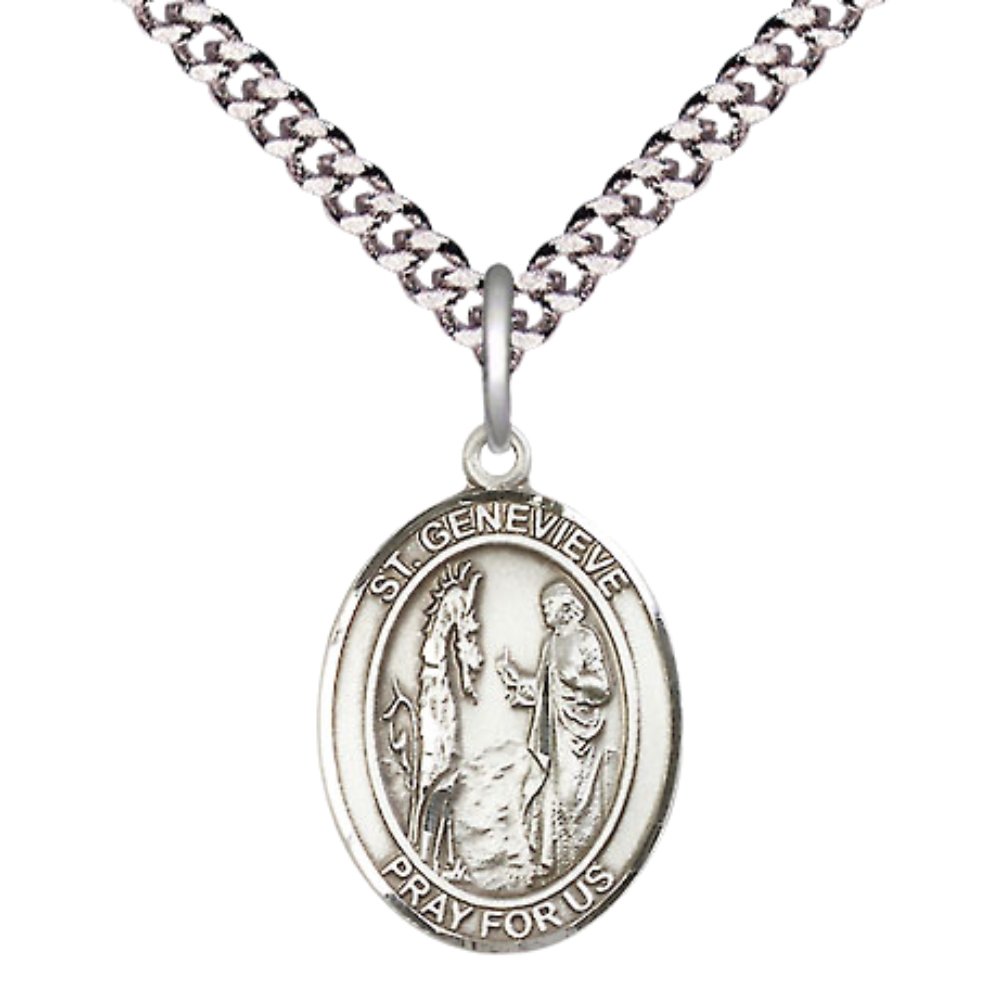 Mens Medium Oval Pewter Saint St. Genevieve Medal Pendant on 24 Inch Rhodium Plated Heavy Curb Brass Chain with Lobster Claw Clasp, Catholic Religious Necklace - Made in USA- Deluxe Velvet Gift Box
