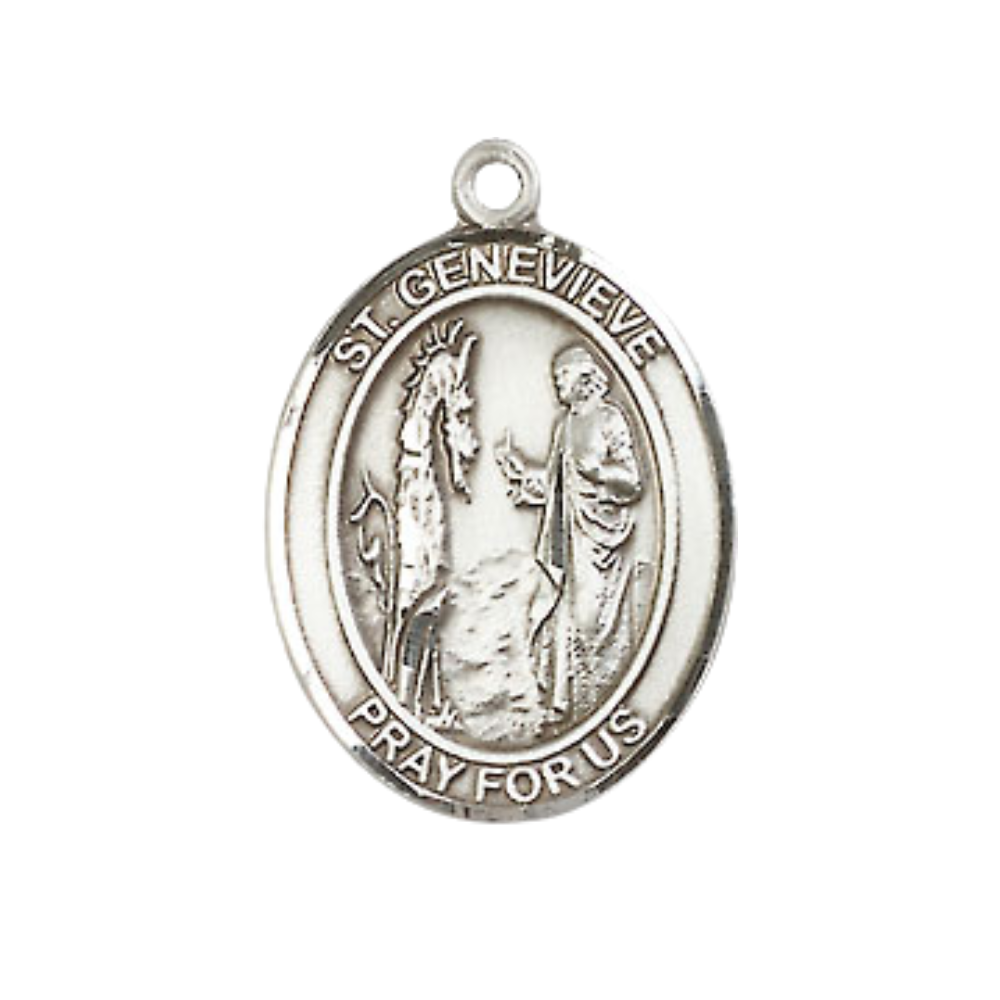 Everlasting Light Jewelry Medium Men's Pewter Saint St. Genevieve Medal Pendant on 24 Inch Endless Rhodium Plated Heavy Curb Brass Chain, Catholic Religious Necklace - Made in USA- Deluxe Velvet Gift Box