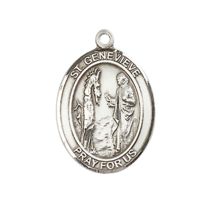 Medium Men's .925 Sterling Silver Saint St. Genevieve Medal Pendant on 24 Inch Endless Rhodium Plated Heavy Curb Brass Chain, Catholic Religious Necklace - Made in USA- Deluxe Velvet Gift Box