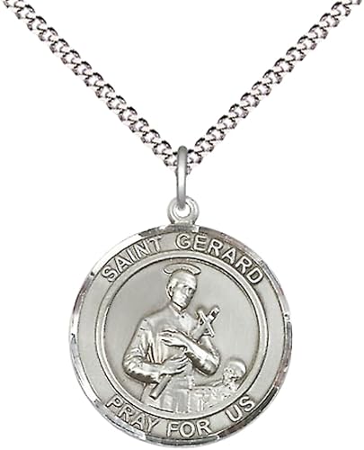 Medium Women's Pewter Saint St. Gerard Medal Pendant on 18 Inch Rhodium Plated Lite Curb Brass Chain w/Lobster Claw clasp, Catholic Religious Necklace - Made in USA - Deluxe Velvet Gift Box