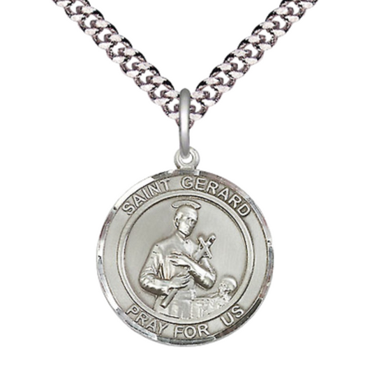 Everlasting Light Jewelry Medium Men's Pewter Saint St. Gerard Medal Pendant on 24 Inch Endless Rhodium Plated Heavy Curb Brass Chain, Catholic Religious Necklace - Made in USA- Deluxe Velvet Gift Box