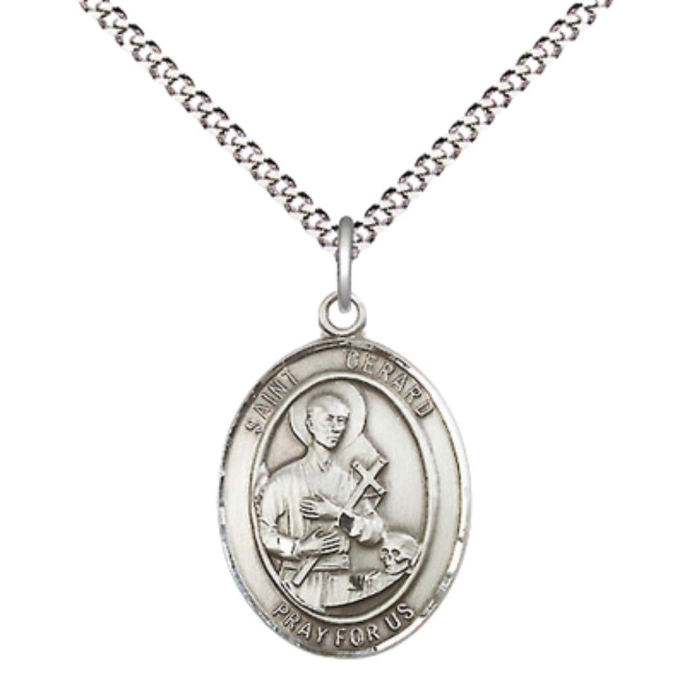 Everlasting Light Jewelry Medium Women's .925 Sterling Silver Saint St. Gerard Majella Pendant Necklace,18 Inch Rhodium Plated Lite Curb Brass Chain-Catholic , Religious Catholic Medal – Velvet Gift Box Included