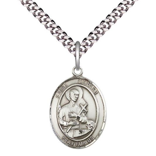 .925 Sterling Silver Saint St. Gerard Oval Medium Majella Medal Pendant on 24 Inch Endless Rhodium Plated Heavy Curb Brass Chain, Catholic Religious Necklace - Made in USA- Deluxe Velvet Gift Box