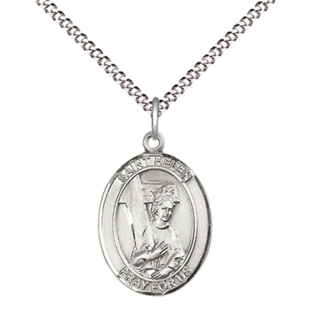 .925 Sterling Silver Saint St. Helen Medal Pendant on 18 Inch Rhodium Plated Lite Curb Brass Chain with Lobster Claw Clasp, Catholic Religious Necklace - Made in USA- Prayer Card Included