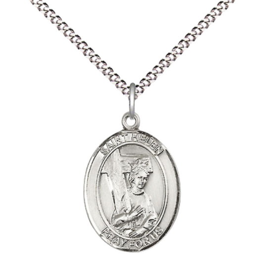 Everlasting Light Jewelry Medium Women's Pewter Saint St. Helen Pendant Necklace on 18- inch Rhodium- Plated Lite Curb Brass Chain – Patron Saint St. of Difficult Marriages, Catholic Medal – Velvet Gift Box Included