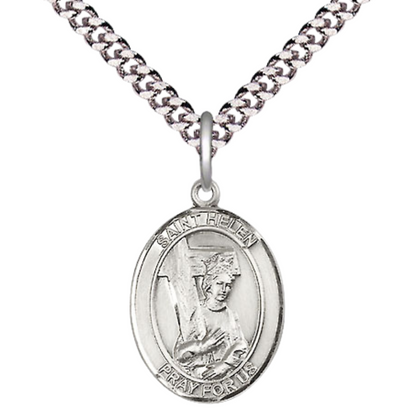Everlasting Light Jewelry Medium Men's Pewter Saint St. Helen Medal Pendant on 24 Inch Endless Rhodium Plated Heavy Curb Brass Chain, Catholic Religious Necklace - Made in USA- Deluxe Velvet Gift Box