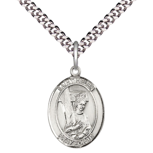 Everlasting Light Jewelry Medium Men's Pewter Saint St. Helen Medal Pendant on 24 Inch Endless Rhodium Plated Heavy Curb Brass Chain, Catholic Religious Necklace - Made in USA- Deluxe Velvet Gift Box