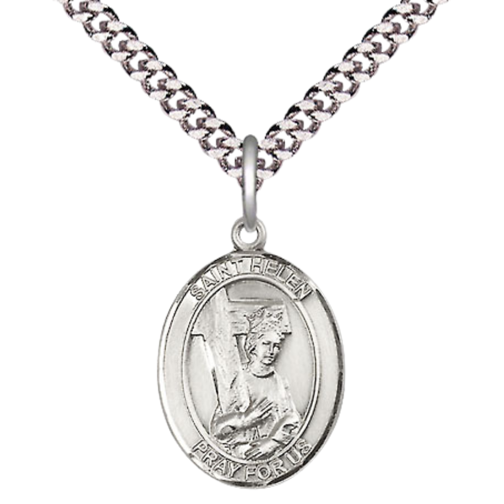 Medium Men's .925 Sterling Silver Saint St. Helen Medal Pendant on 24 Inch Endless Rhodium Plated Heavy Curb Brass Chain, Catholic Religious Necklace - Made in USA- Deluxe Velvet Gift Box