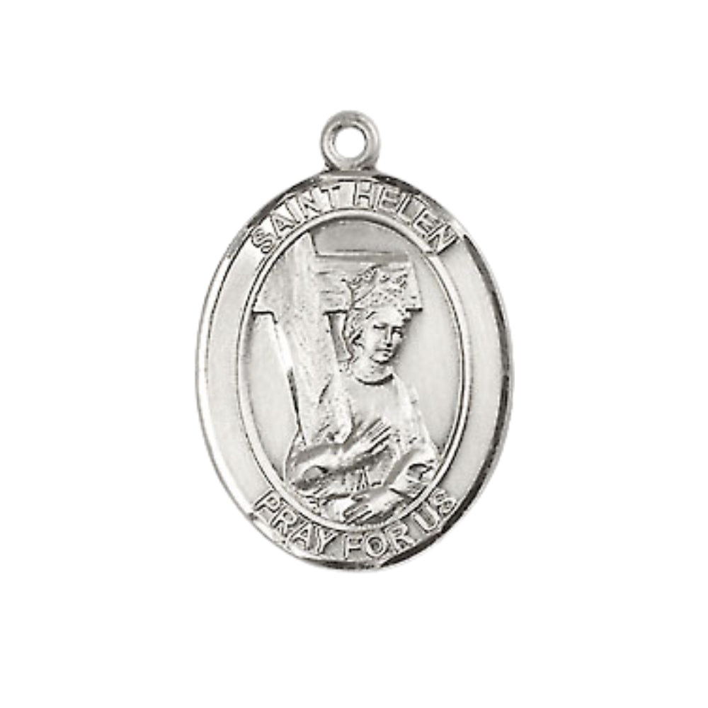 Medium Men's .925 Sterling Silver Saint St. Helen Medal Pendant on 24 Inch Endless Rhodium Plated Heavy Curb Brass Chain, Catholic Religious Necklace - Made in USA- Deluxe Velvet Gift Box