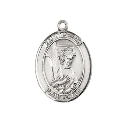 Mens Medium Oval Pewter Saint St. Helen Medal Pendant on 24 Inch Rhodium Plated Heavy Curb Brass Chain with Lobster Claw Clasp, Catholic Religious Necklace - Made in USA- Deluxe Velvet Gift Box