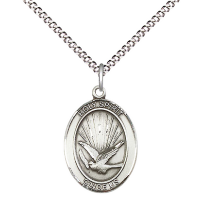 .925 Sterling Silver Holy Spirit Medal Pendant on 18 Inch Rhodium Plated Lite Curb Brass Chain with Lobster Claw Clasp, Catholic Religious Necklace - Made in USA- Prayer Card Included