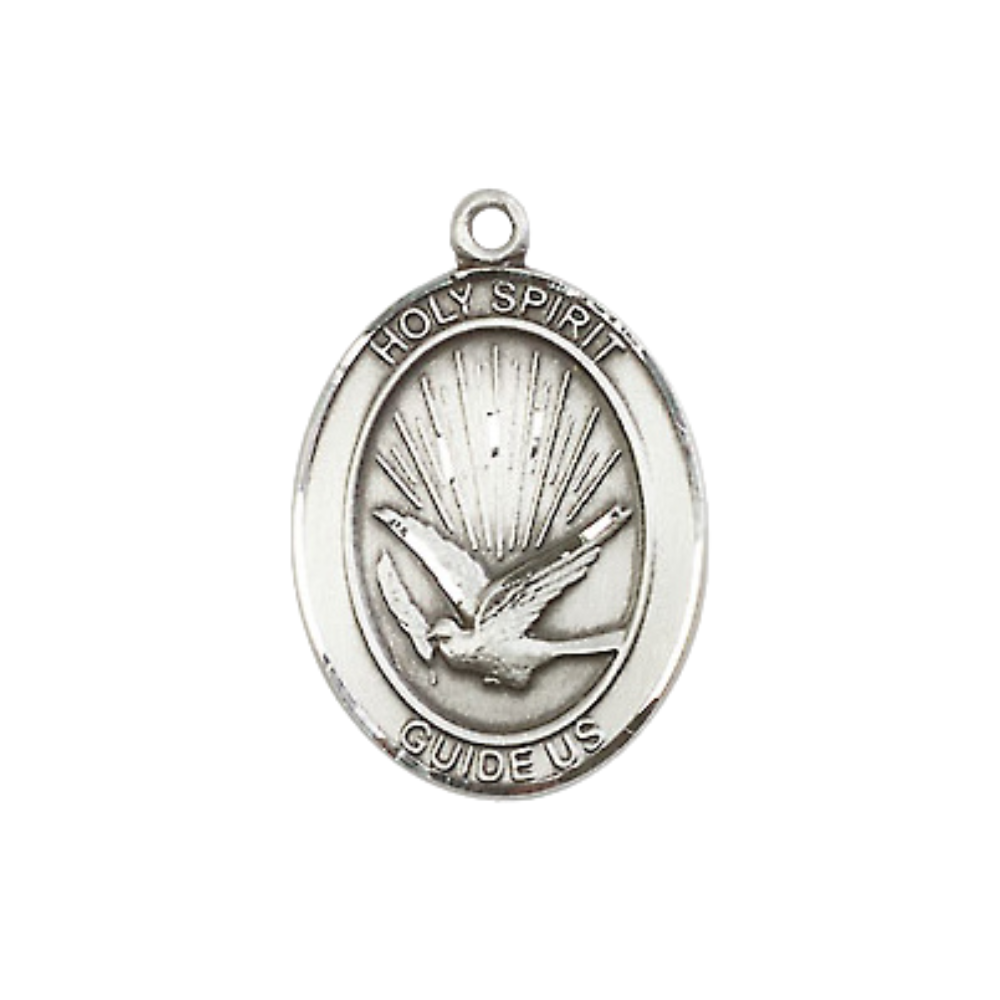 Everlasting Light Jewelry Pewter Holy Spirit Medal Pendant on 18 Inch Rhodium Plated Lite Curb Brass Chain with Lobster Claw Clasp, Catholic Religious Necklace - Made in USA- Prayer Card Included