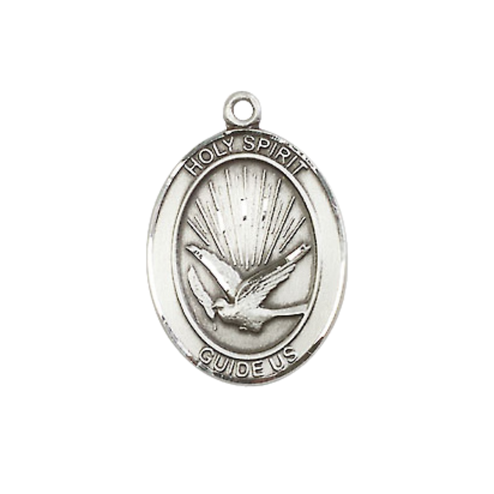 Everlasting Light Jewelry Medium Men's Pewter Holy Spirit Medal Pendant on 24 Inch Endless Rhodium Plated Heavy Curb Brass Chain, Catholic Religious Necklace - Made in USA- Deluxe Velvet Gift Box