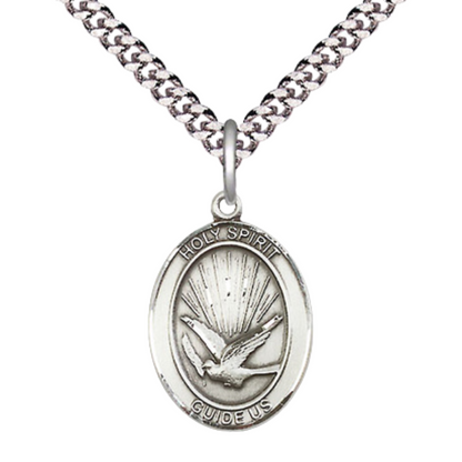 Everlasting Light Jewelry Medium Men's Pewter Holy Spirit Medal Pendant on 24 Inch Endless Rhodium Plated Heavy Curb Brass Chain, Catholic Religious Necklace - Made in USA- Deluxe Velvet Gift Box